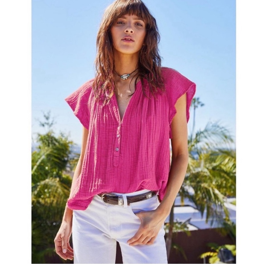 Xirena bright pink chelsea gauze Kimber henley blouse top Sz S